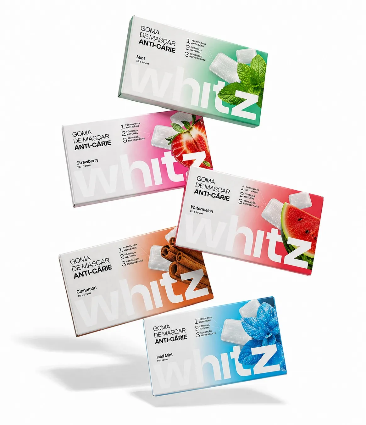 Linha de sabores Whitz: caixas Mint, Strawberry, Watermelon, Cinnamon e Iced Mint flutuando