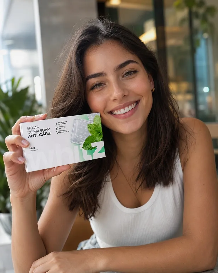 Mulher sorrindo segurando a embalagem de Whitz Mint