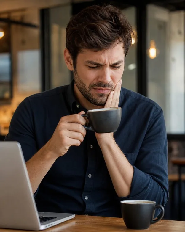 Homem tomando café com expressão de incômodo