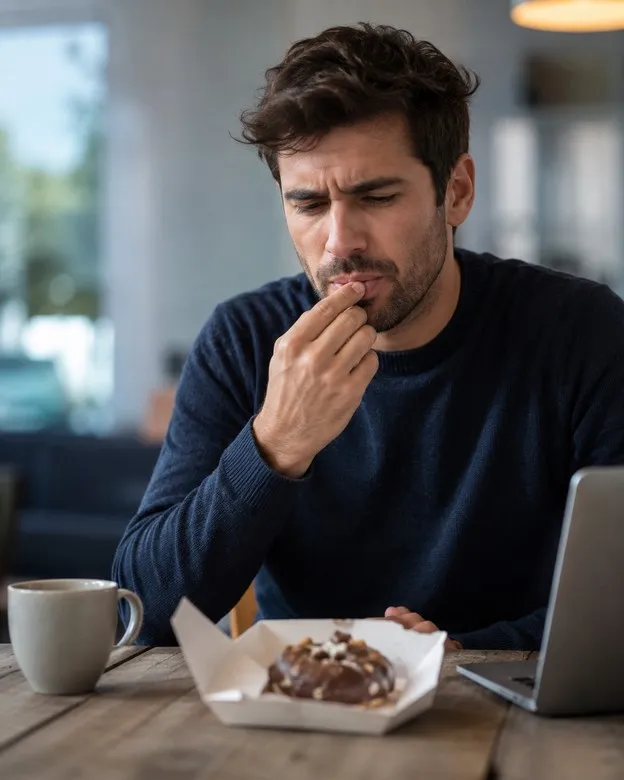 Homem comendo doce com sensação estranha na boca