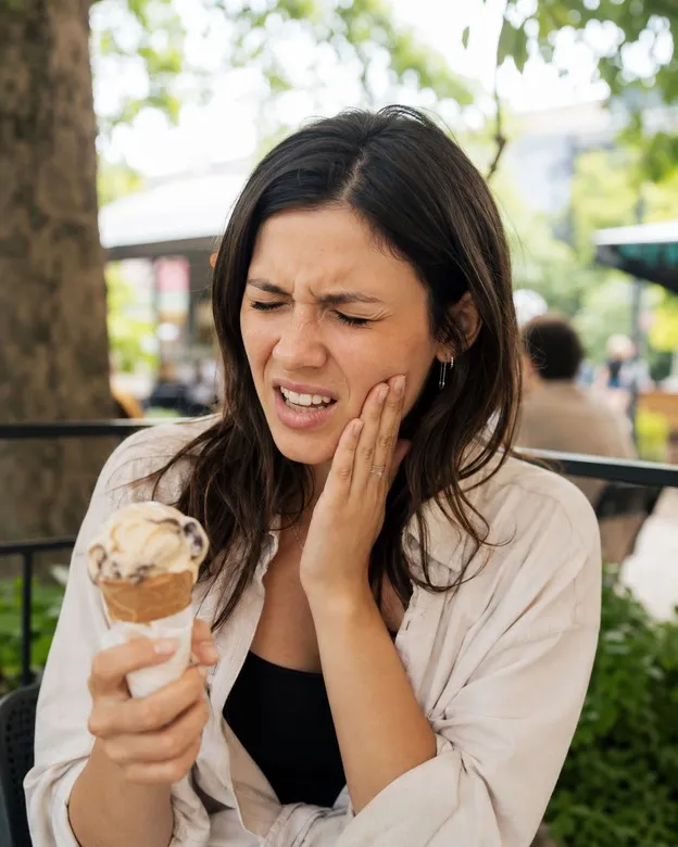 Mulher com dor no dente ao comer gelado